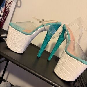 Elegant Clear and Teal Platform Heels
